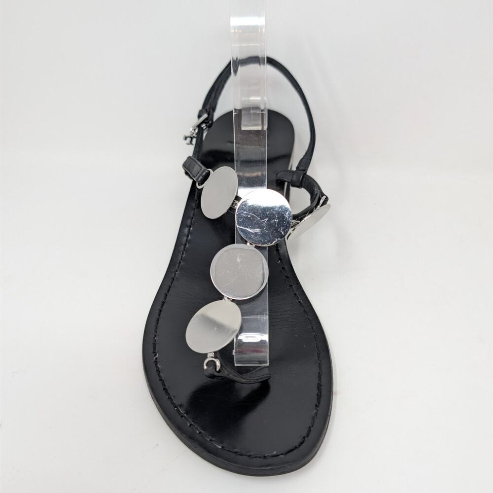 Tory Burch Black Leather Summer Sandals Silver Disc Heels Size 9 - Picture 3 of 16